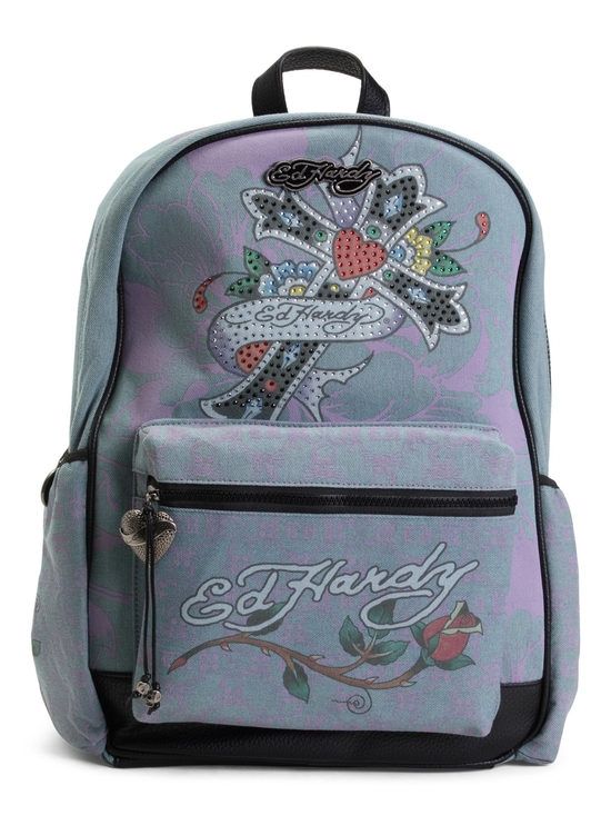 Ed Hardy Handbags - Ed Hardy Lavender Floral Logo Backpack with Heart Accent